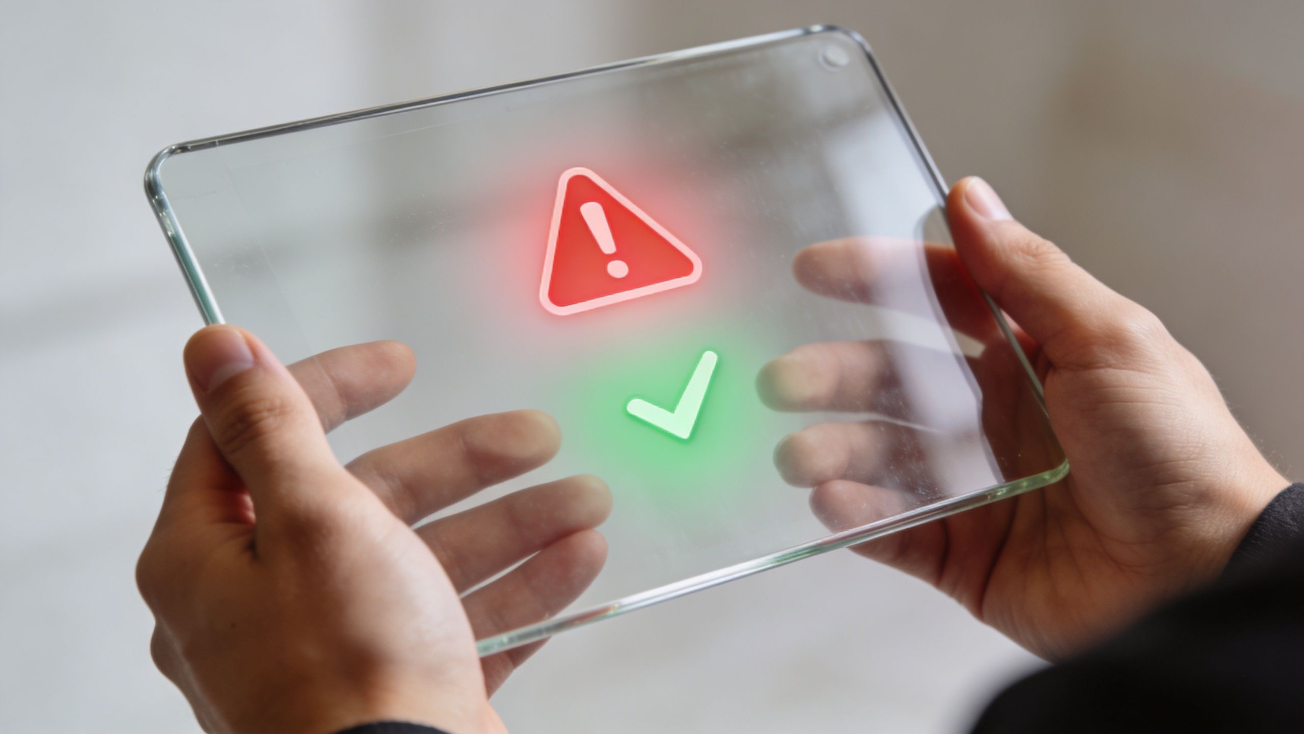 En person holder en gennemsigtig tablet med ikoner for en advarsel og en godkendelse på skærmen.