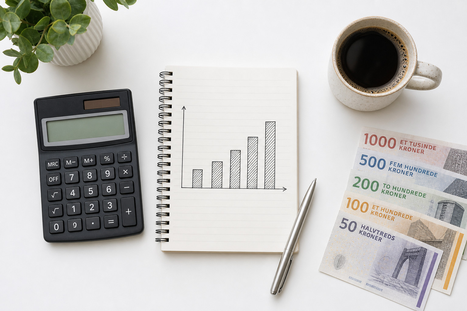 Lommeregner, notesbog med graf og danske kroner — Google Ads budget