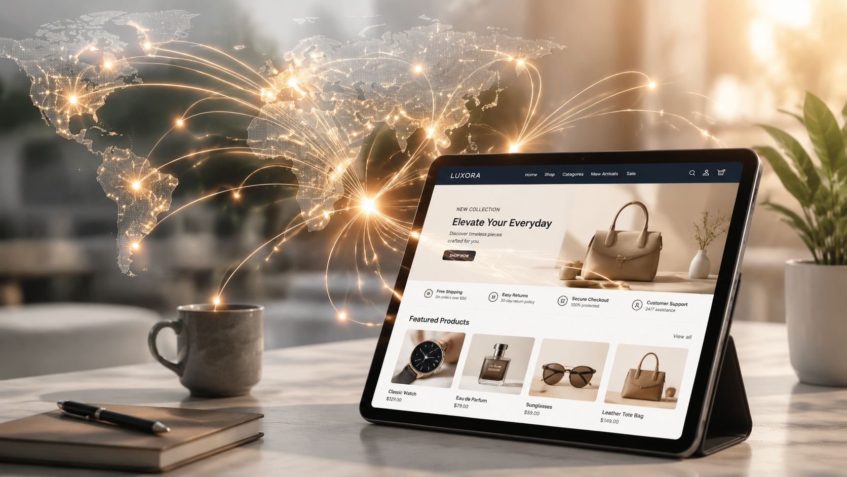 En tablet viser en webshop med titlen Luxora, omgivet af en digital verdenskort grafik på et skrivebord.