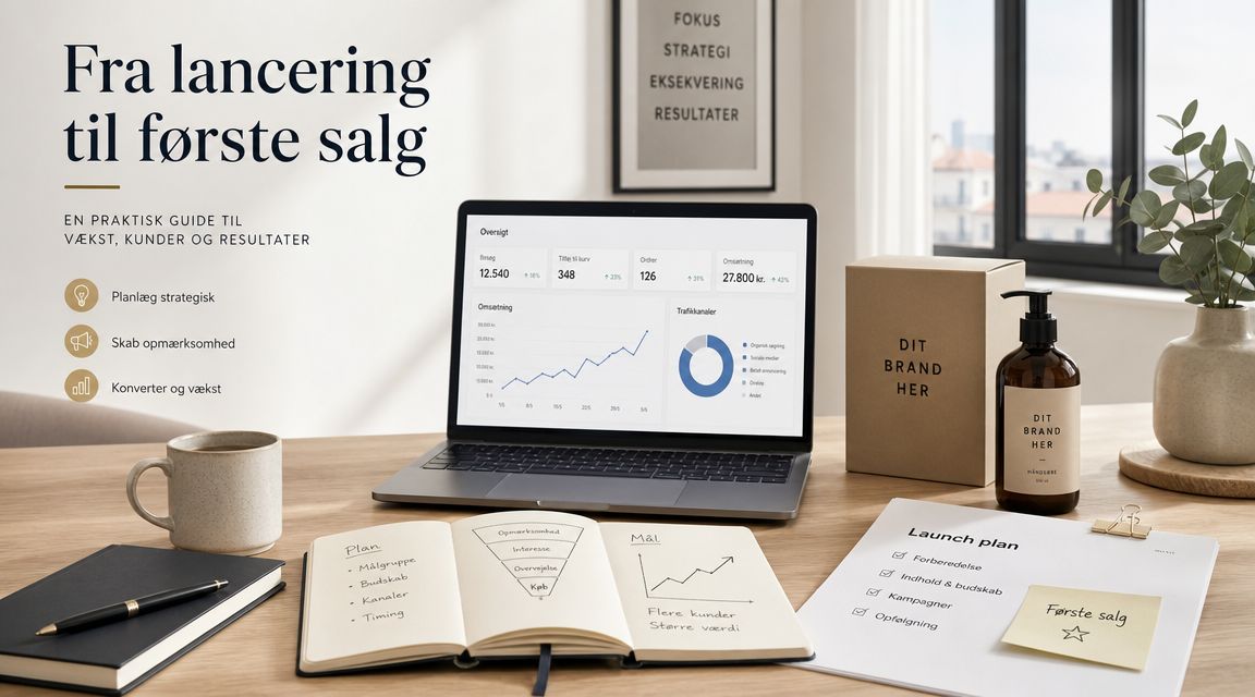 En guide til lancering af webshop med strategisk planlægning, målsætning og vækst på et skrivebord.