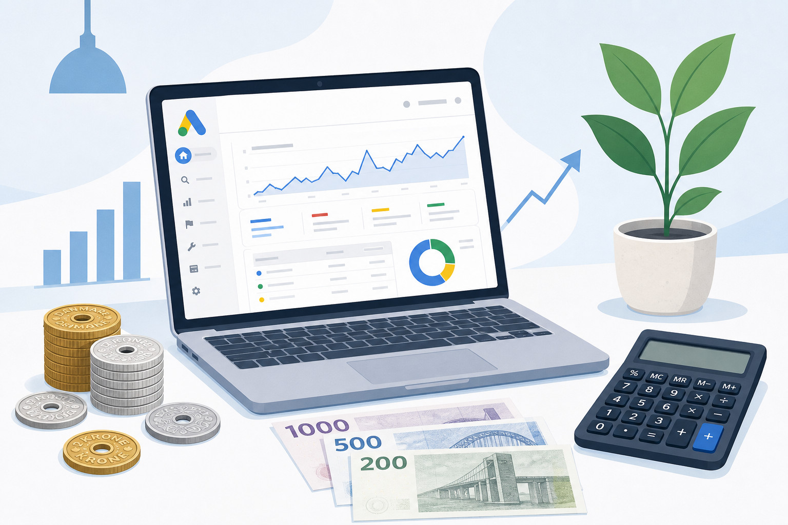 Illustration af Google Ads priser med dansk valuta, laptop og lommeregner