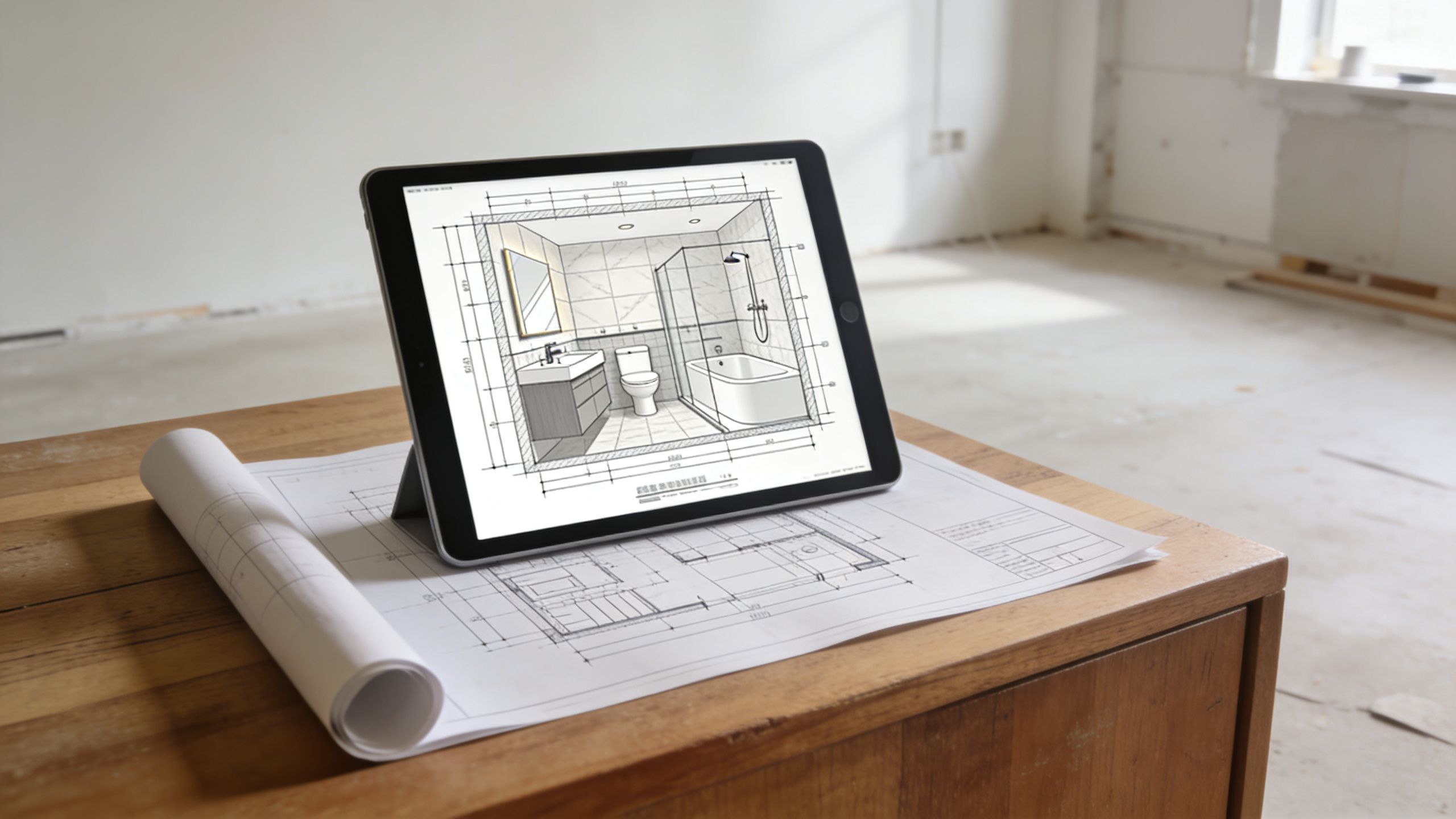 En tablet med et 3D-badeværelsesdesign står på en byggeplan af papir på et træbord.