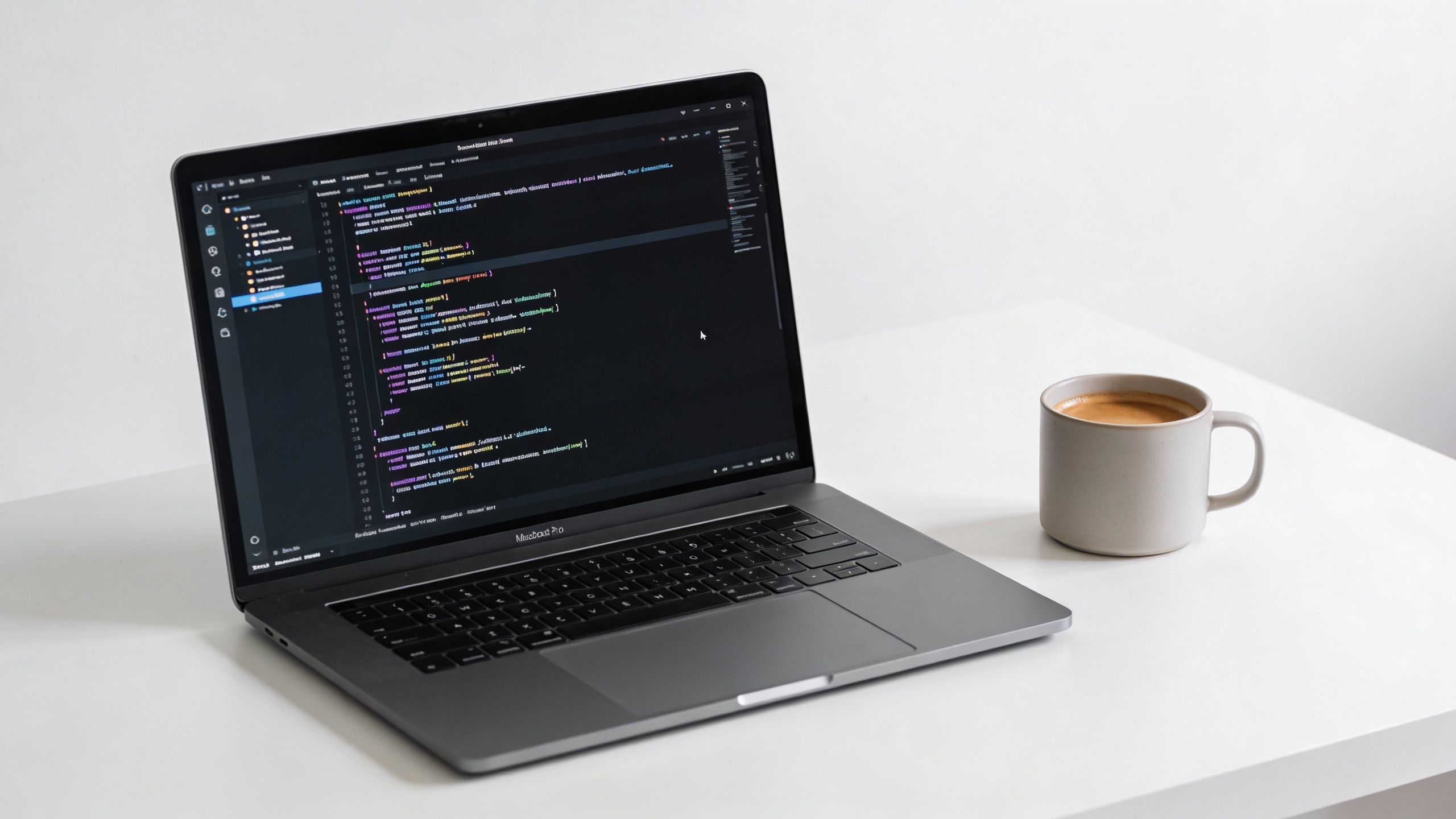 En bærbar computer med åben kodeeditor og en kop kaffe på et hvidt skrivebord i et kontor.
