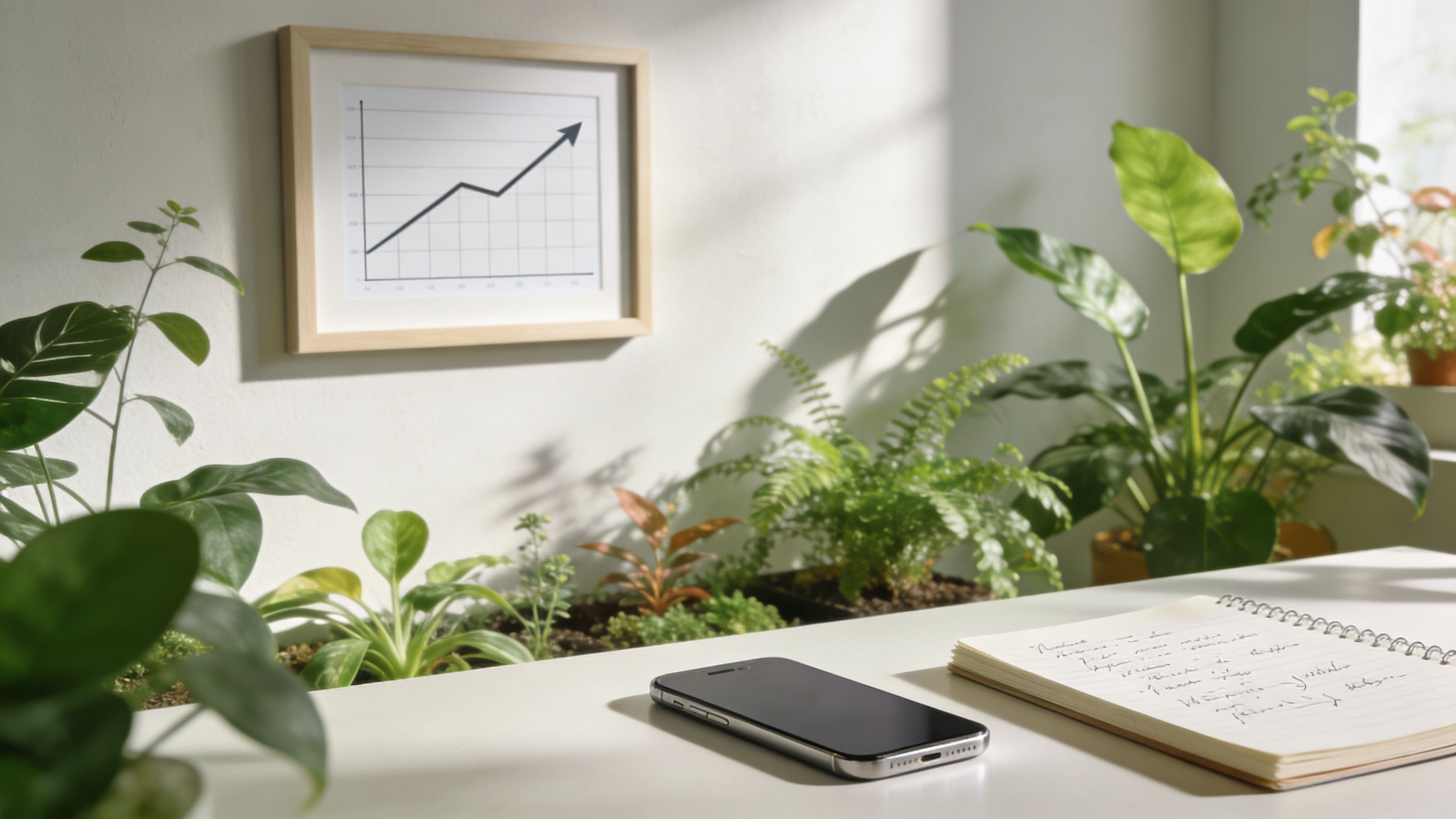 Et lyst kontor skrivebord med en smartphone, en notesbog og grønne planter foran en væg med en graf.