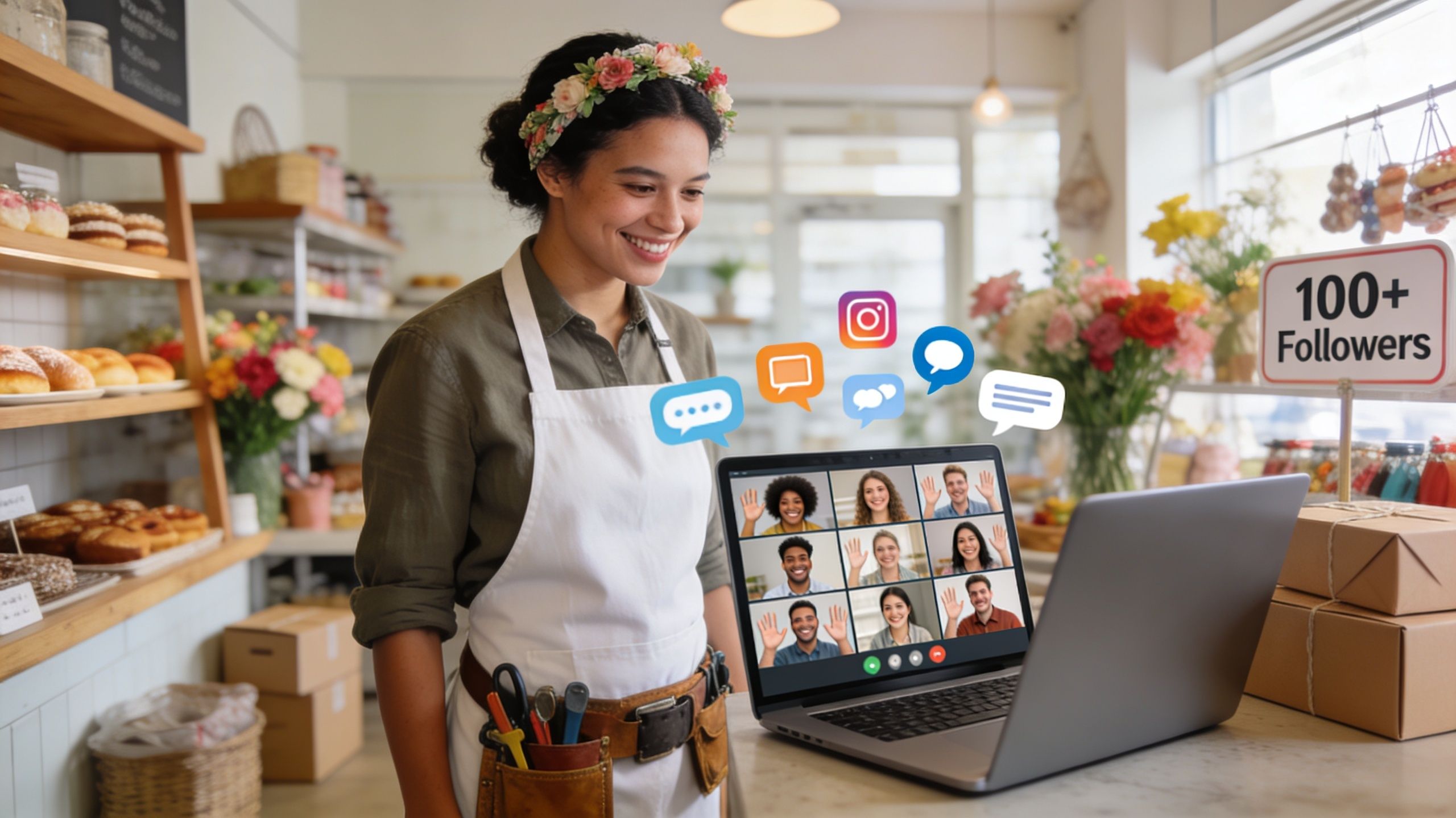 En smilende blomsterhandler med en blomsterkrans deltager i et online webinar via sin bærbare computer i butikken.