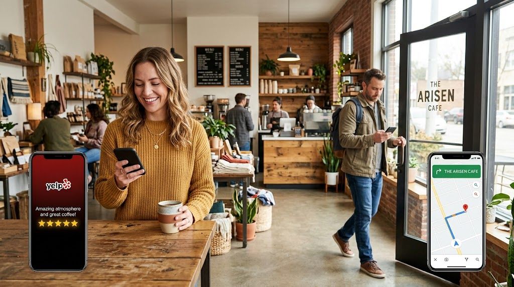 En kvinde i en gul trøje tjekker en café på sin telefon inde i The Arisen Cafe.