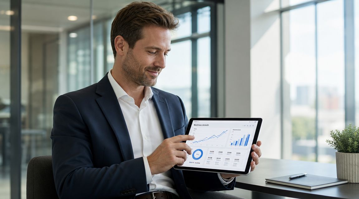 En professionel forretningsmand, der præsenterer vækststatistikker og forretningsdata på en tablet i et moderne kontormiljø.