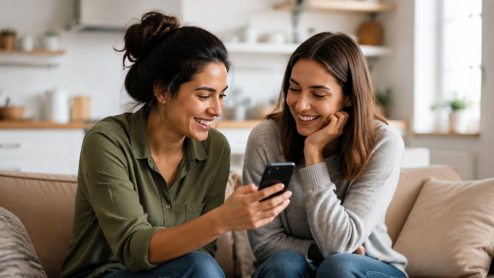 To unge kvinder smiler, mens de kigger på en mobiltelefon, mens de sidder i en hyggelig stue.