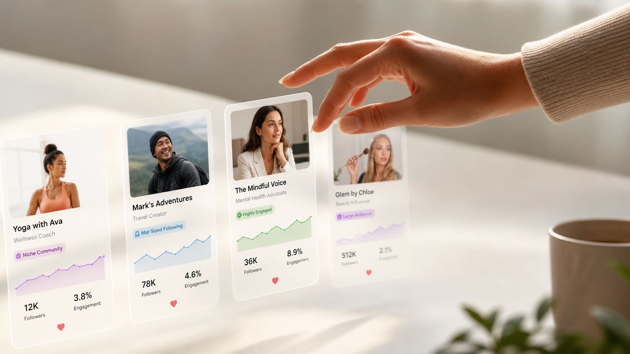 En hånd rører ved digitale profilkort af influencere, der viser statistikker for deres sociale medier.