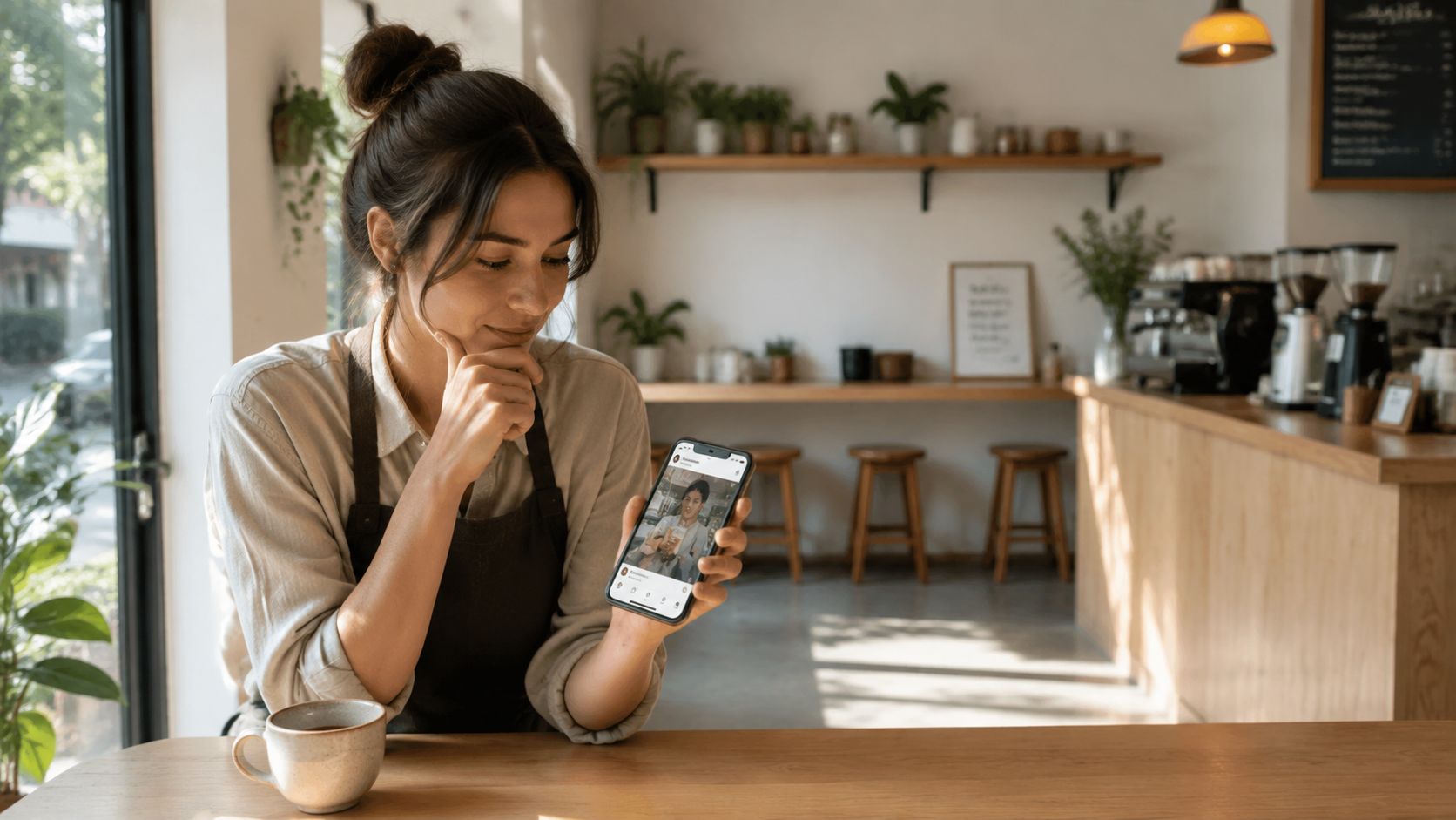 En kvindelig cafémedarbejder sidder ved et bord og ser på et billede af en influencer på sin smartphone.