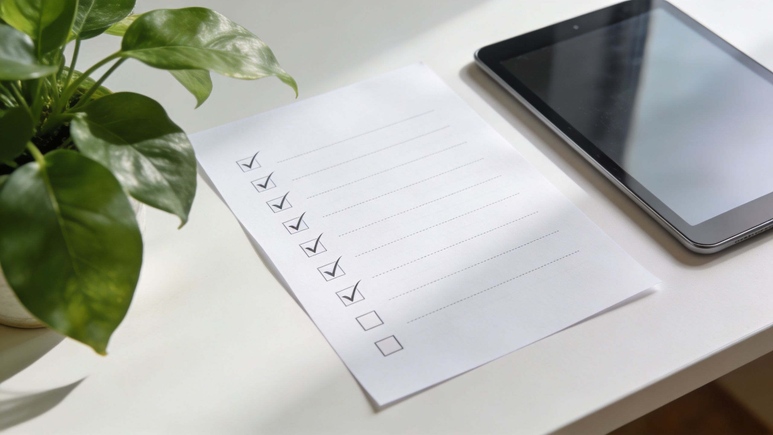 En tjekliste med afkrydsede felter på et hvidt bord ved siden af en plante og en tablet.
