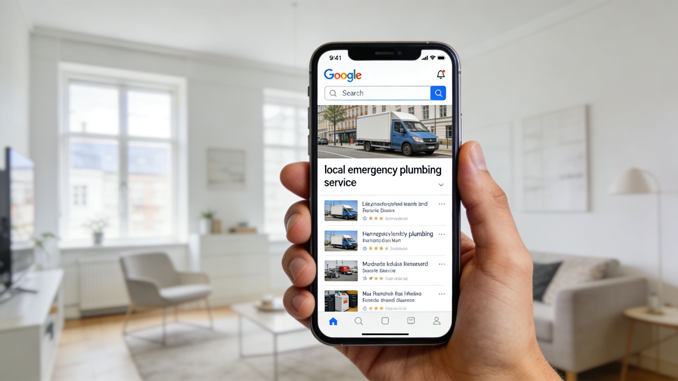 En hånd holder en smartphone, der viser en Google-søgning efter lokale VVS-nødtjenester på en skærm.