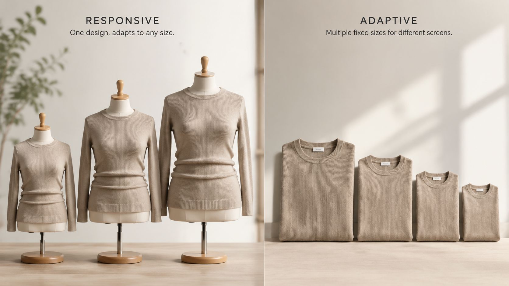 Illustration der sammenligner responsivt og adaptivt design ved hjælp af mannequiner og sammenfoldede trøjer i forskellige størrelser.