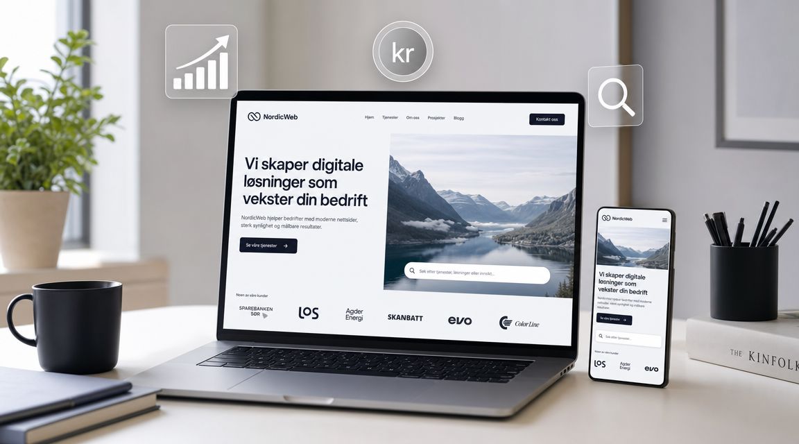 En bærbar computer og en smartphone, der viser NordicWebs hjemmeside med fokus på responsive webdesign-løsninger til virksomheder.
