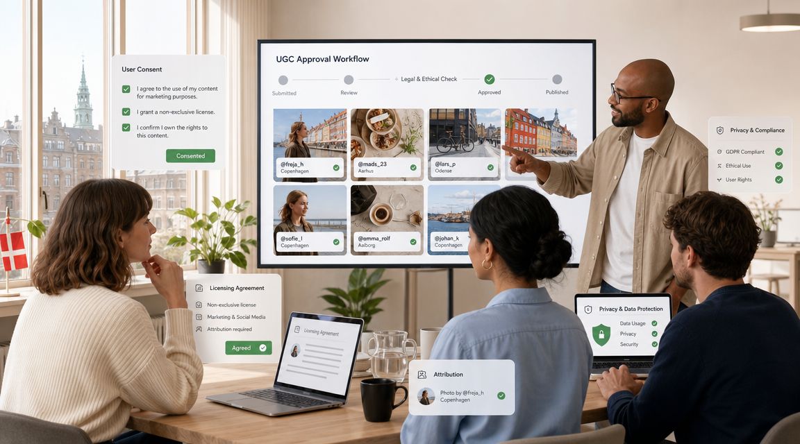 Et team af professionelle gennemgår en UGC-godkendelsesproces for indhold på en stor skærm på kontoret.