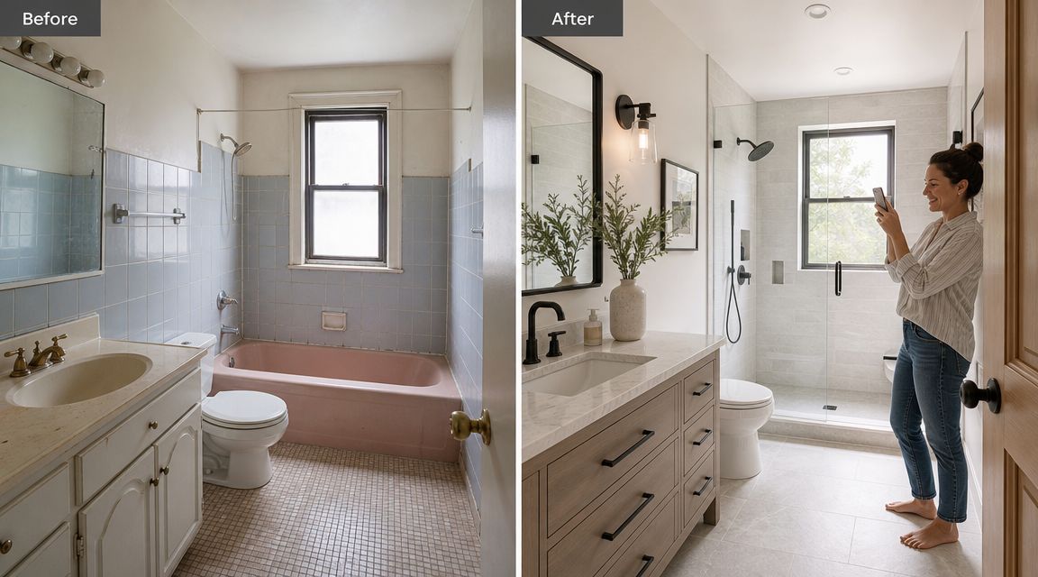 Før og efter billede af et badeværelse, der viser en komplet renovering med moderne materialer og design.
