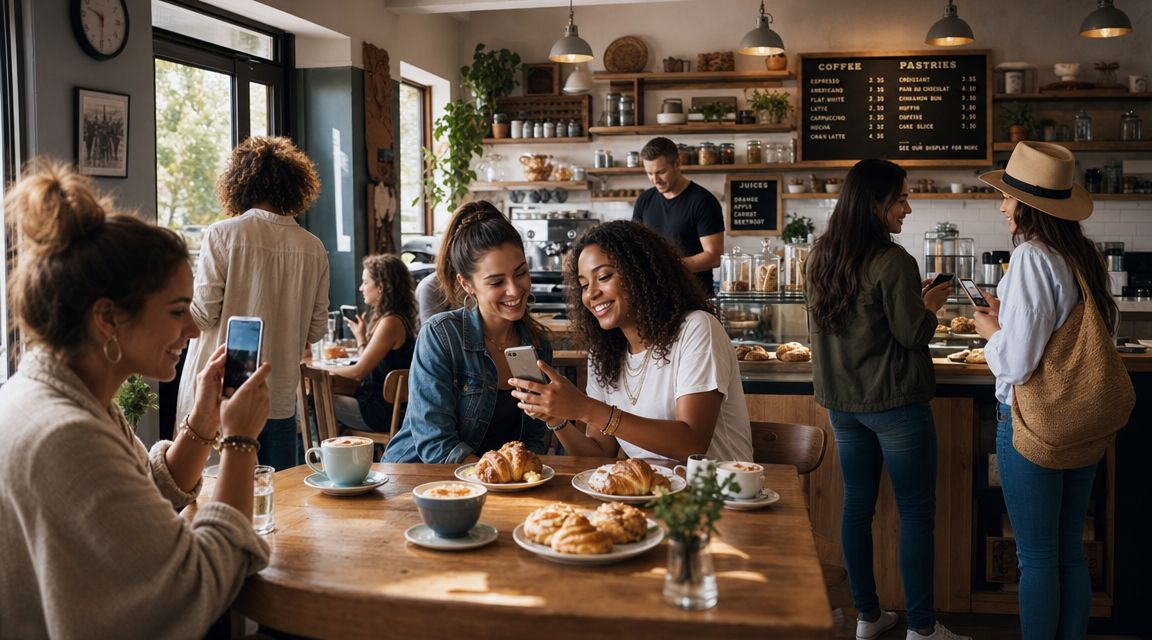 En gruppe veninder der hygger sig på en moderne kaffebar mens de kigger på deres smartphones.