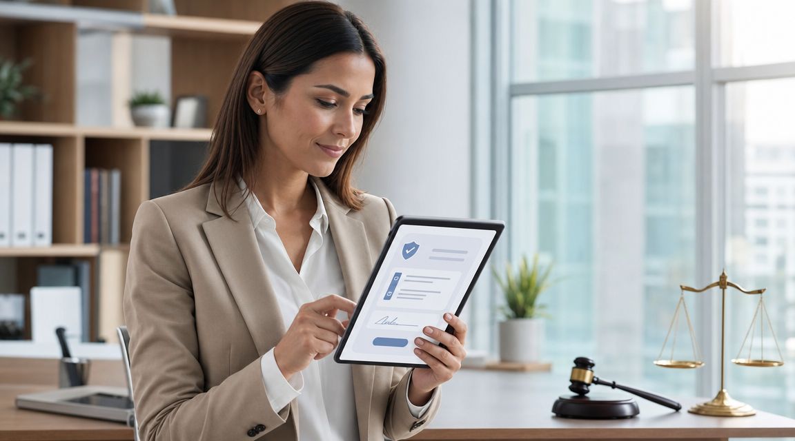 En professionel kvinde i en beige blazer, der bruger en tablet til at gennemse juridiske dokumenter på et kontor.