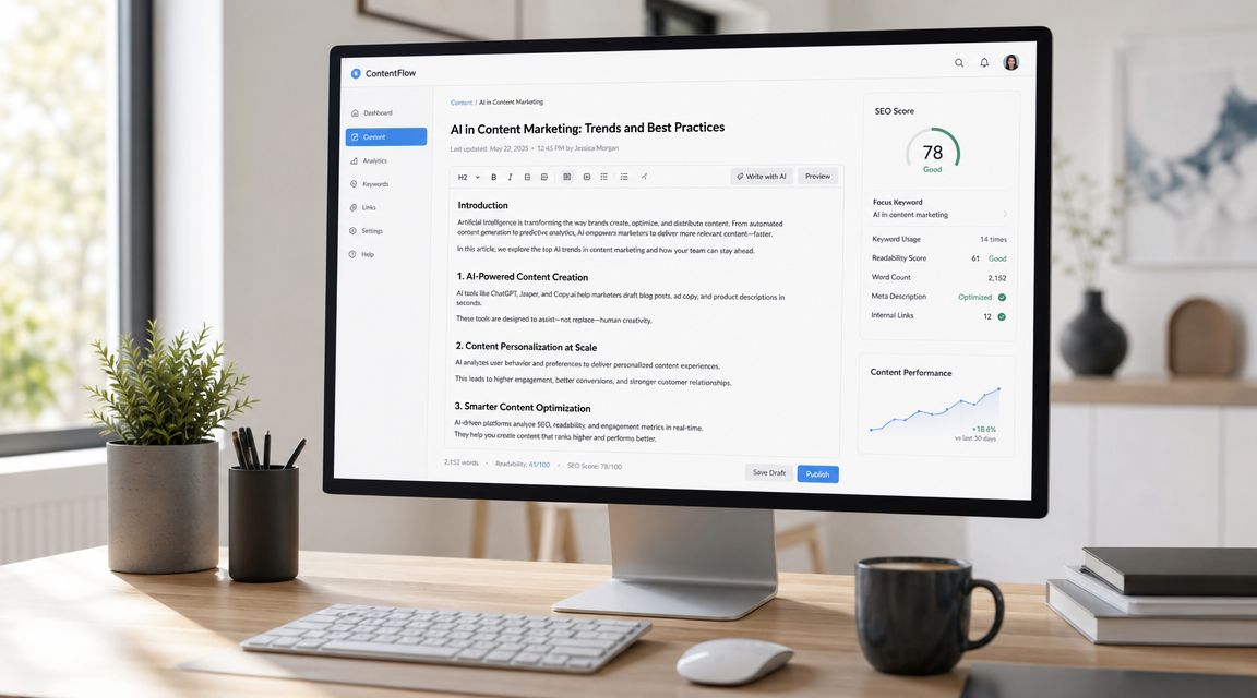 En computerskærm der viser en ContentFlow softwareplatform til SEO-optimering af indhold på et moderne kontorskrivebord.