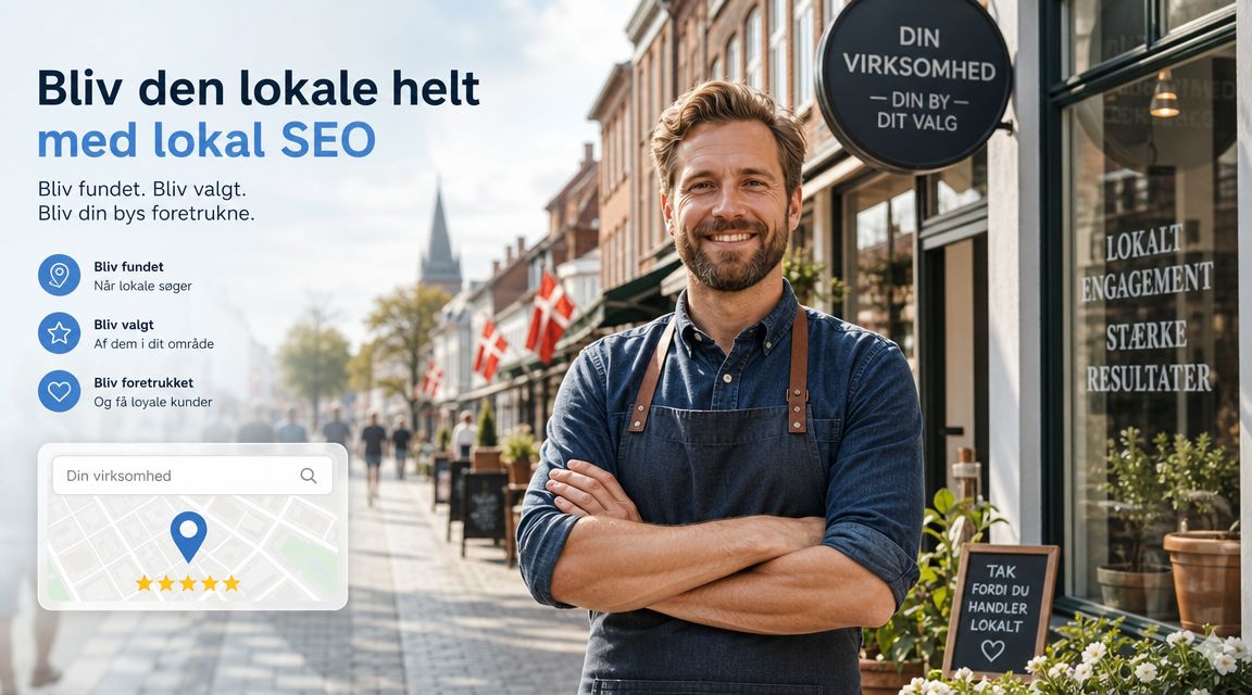 Smilende mandlig erhvervsdrivende foran sin butik med fokus på lokal SEO optimering og synlighed.