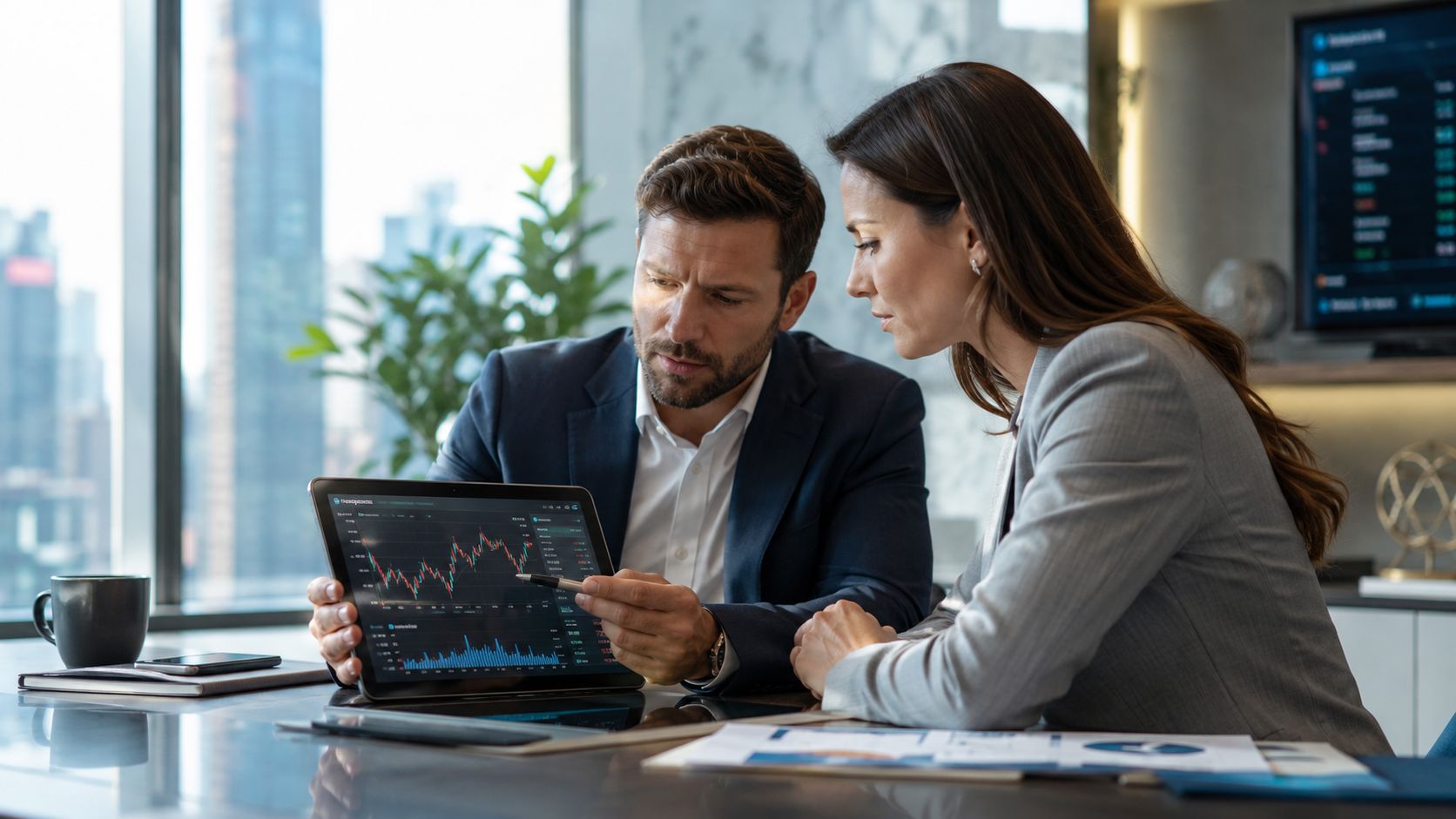 To forretningsfolk der analyserer en SEO-strategi for at vurdere om prisen giver mening for virksomheden.