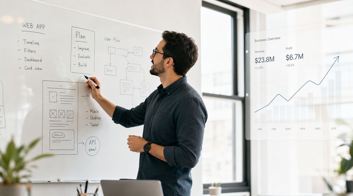 En forretningsmand, der tegner en workflow-plan på en whiteboard-tavle i et moderne kontormiljø med digitale grafer.