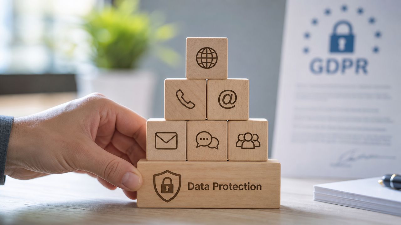 En hånd der holder en træklods med teksten Data Protection ved siden af et GDPR-dokument.