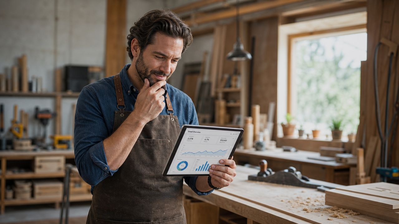 En snedker med forklæde kigger eftertænksomt på en tablet, der viser e-mail marketing statistikker i sit værksted.