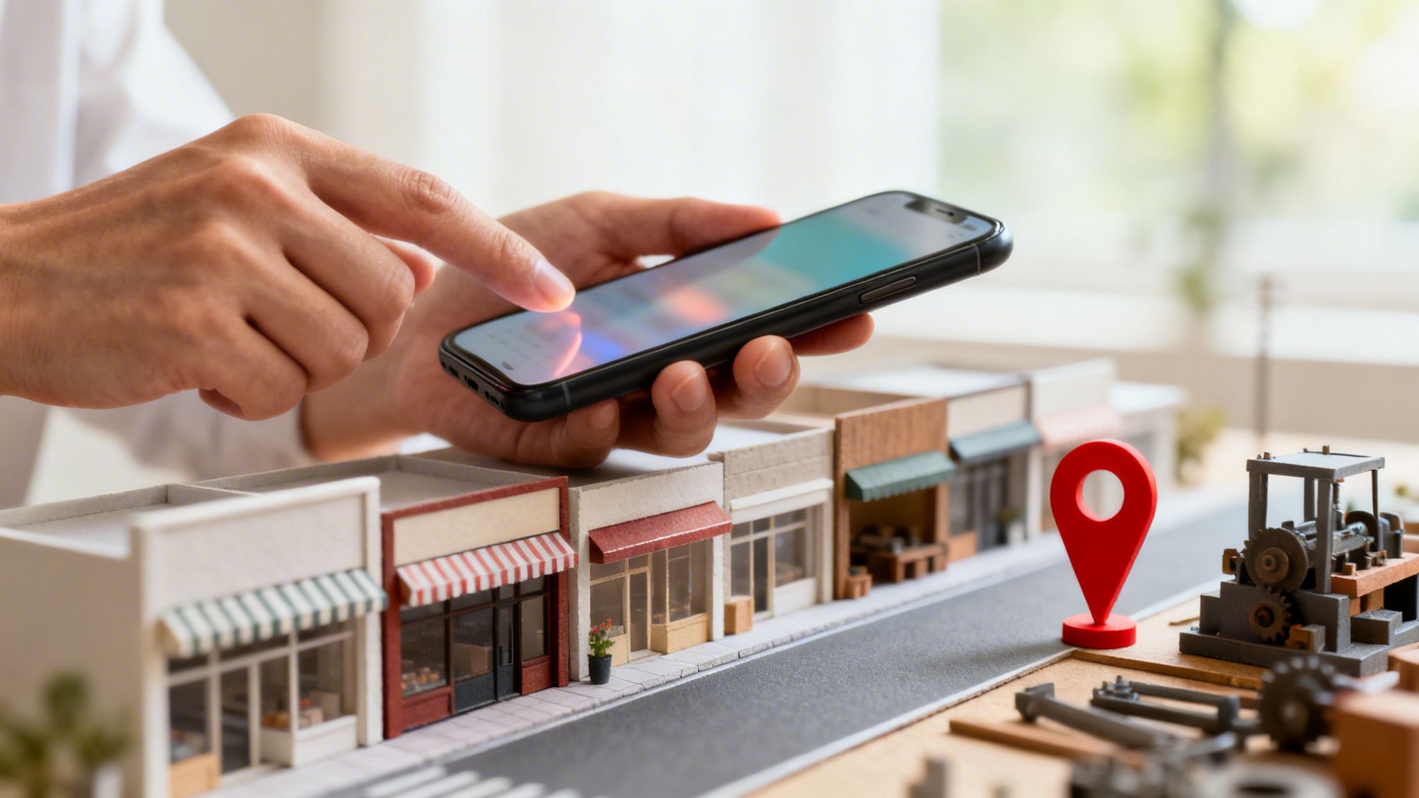 En person bruger en smartphone over en miniatyrby med butikker og et rødt lokationsmærke.
