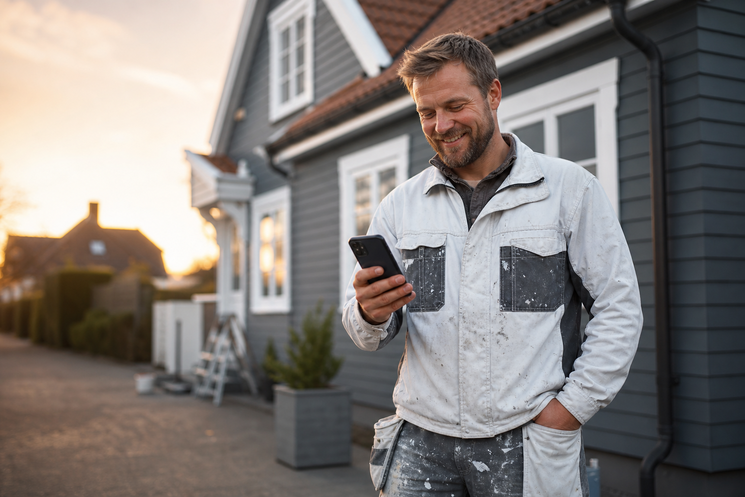 Dansk håndværker tjekker marketing resultater på smartphone