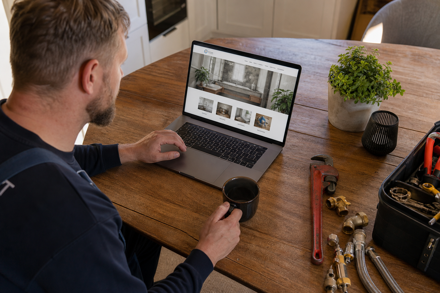 Håndværker kigger på sin virksomheds hjemmeside på laptop