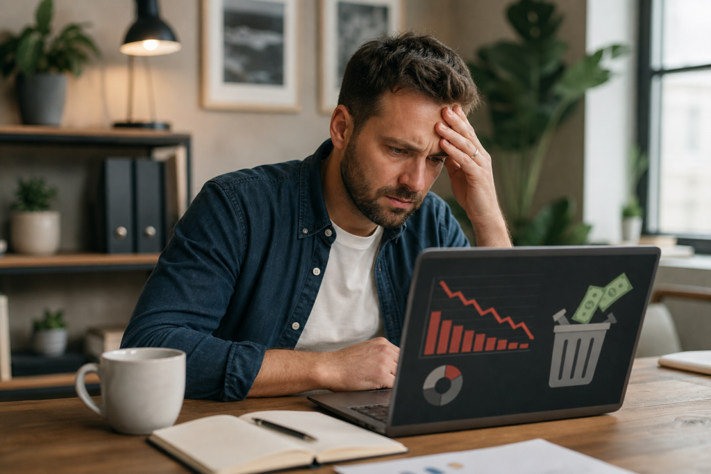 Virksomhedsejer analyserer Google Ads fejl på laptop