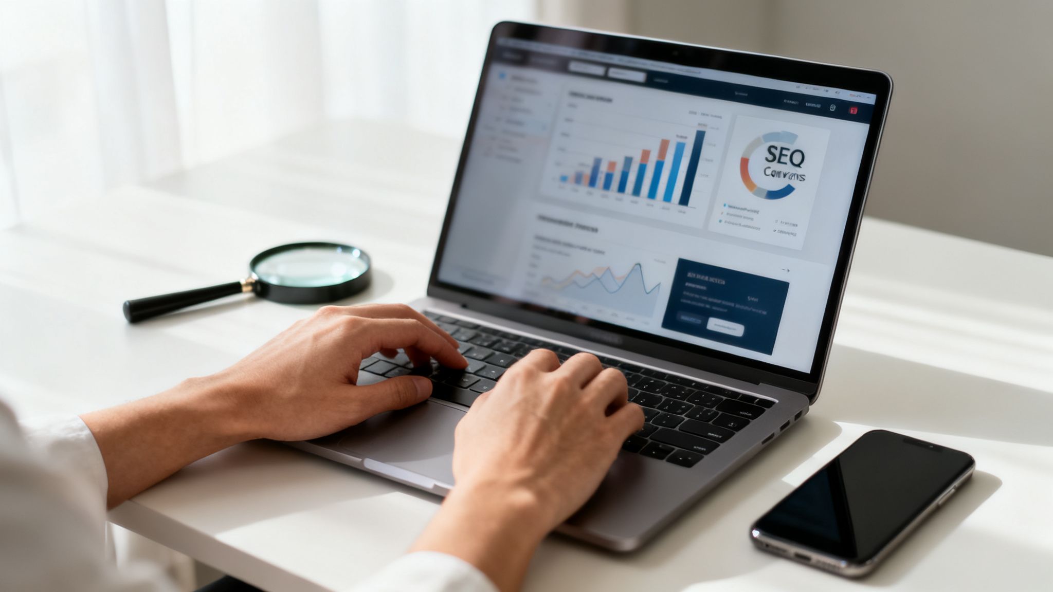 Person der taster på bærbar computer, der viser SEO-analyse og data. Forstørrelsesglas og telefon på bord.